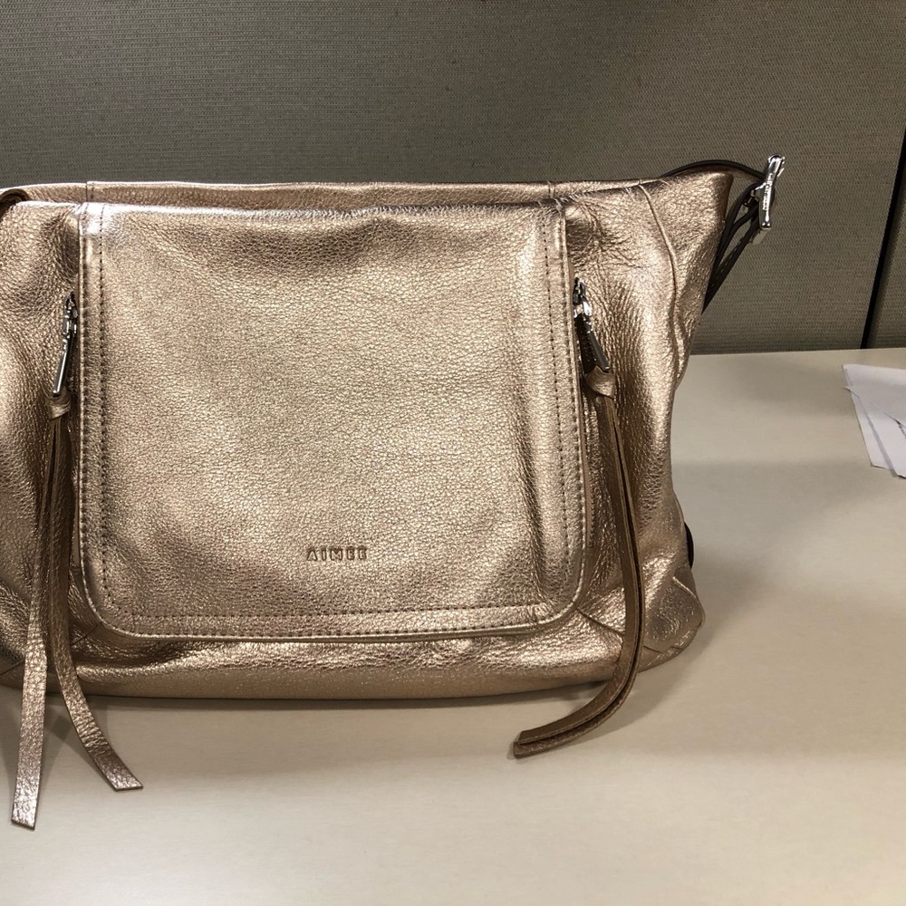 Rose champagne top zip leather hobo bag